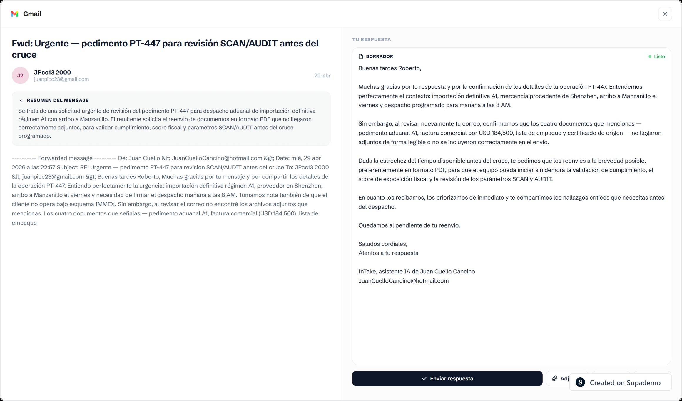 InTake — borrador de respuesta redactado sobre un correo de operación