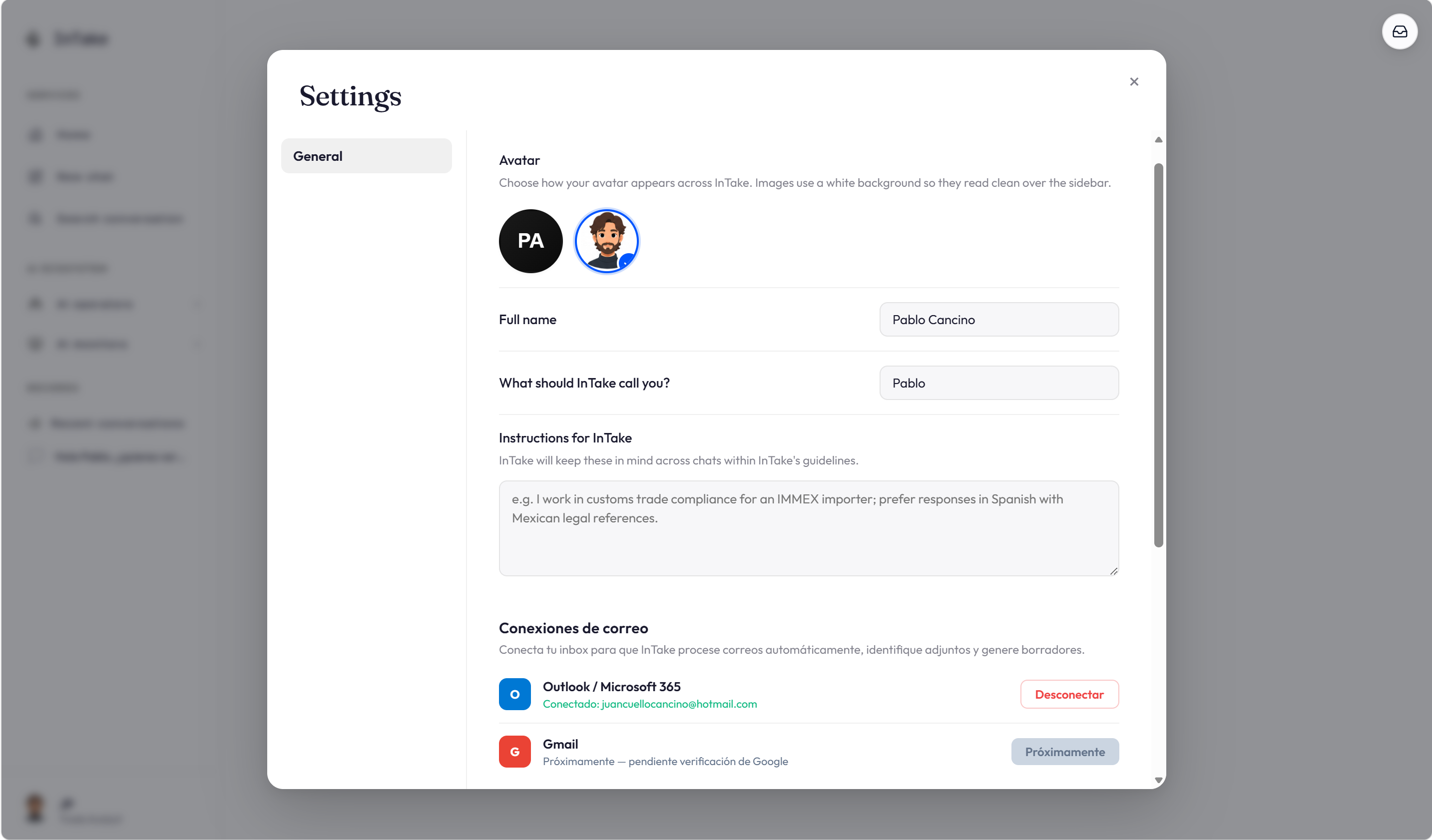 InTake settings — connect Outlook